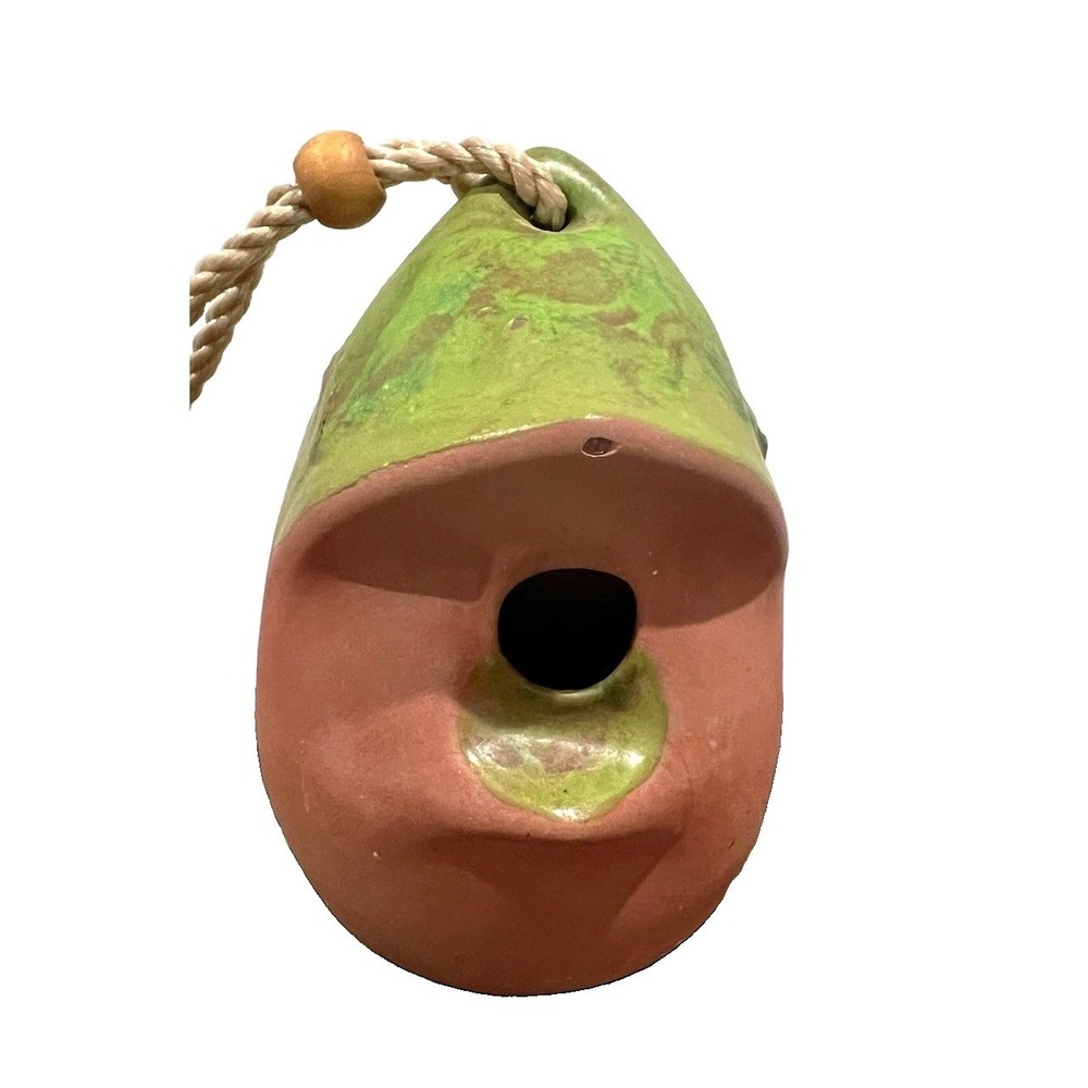 Hanging Ceramic Bird House w/ Rope Hanger Round Green & Brown 6in